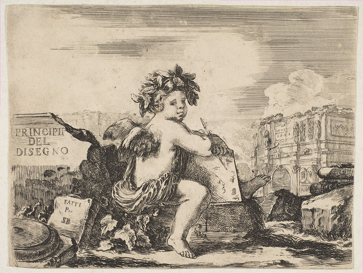 Plate 1: the genius of drawing, a child with wings, seated on a rock in center turned towards the right, holding a drawing pad and pen, ruins including a triumphal arch to right in the background, the title page from "The Principles of Design" (I principii del disegno), Stefano della Bella (Italian, Florence 1610–1664 Florence), Etching; second state of two 