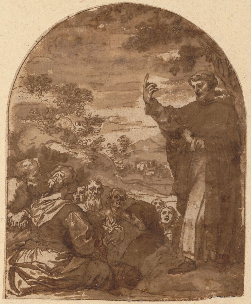St. Vincent Ferrer Preaching, Attributed to Alonso Cano (Spanish, Granada 1601–1667 Granada), Pen and brown ink, brush and brown wash, on buff paper (somewhat darkened)