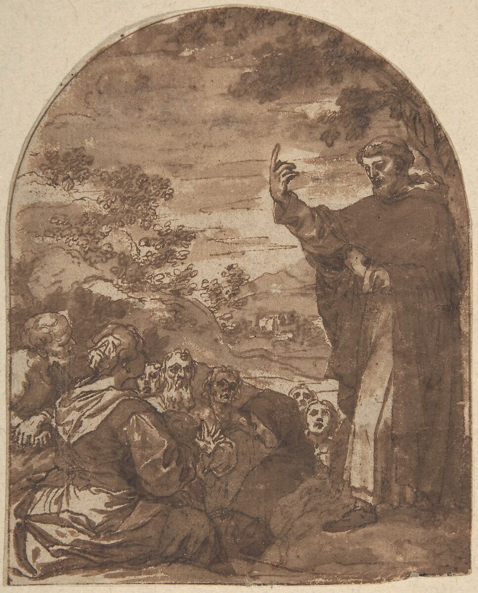St. Vincent Ferrer Preaching, Attributed to Alonso Cano (Spanish, Granada 1601–1667 Granada), Pen and brown ink, brush and brown wash, on buff paper (somewhat darkened) 