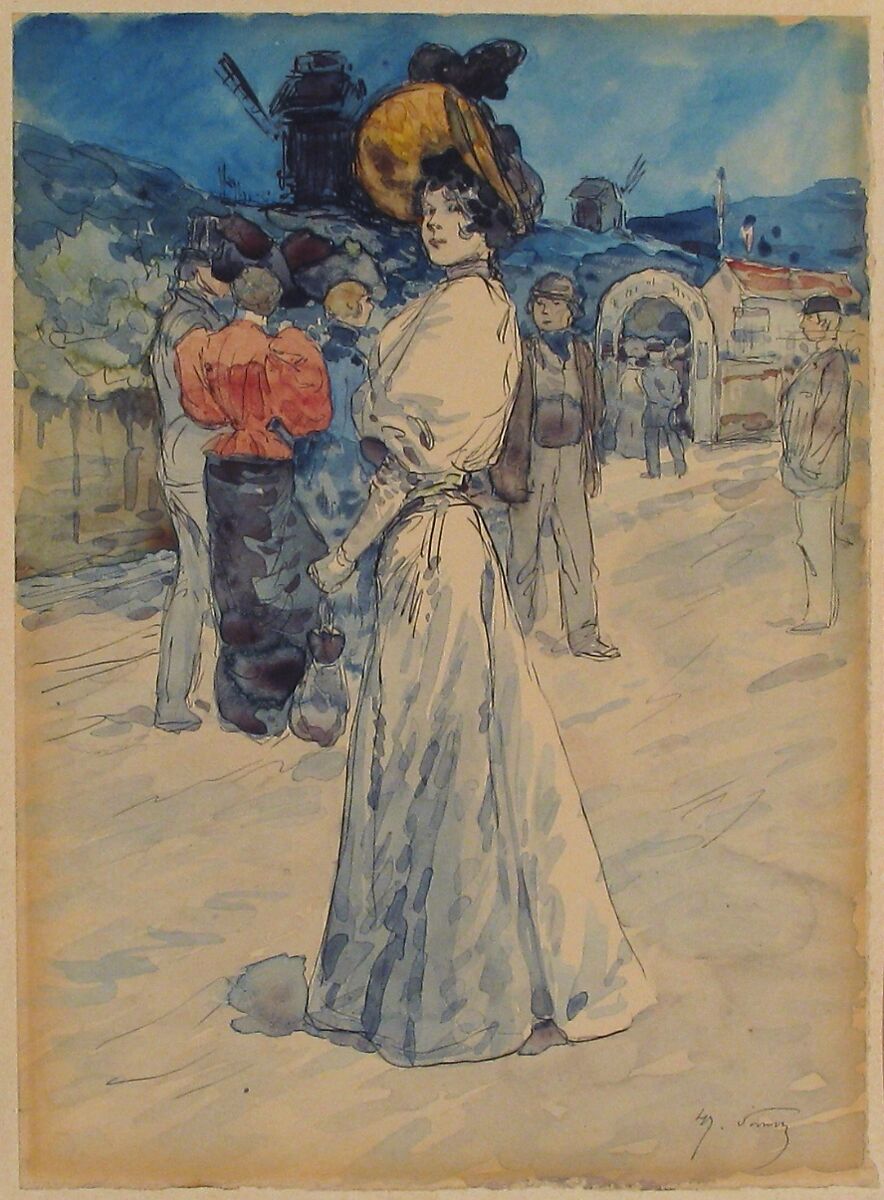 A Parisienne Outside the Moulin de la Galette, Henri Somm (French, Rouen 1844–1907 Paris), Watercolor, graphite, pen and ink