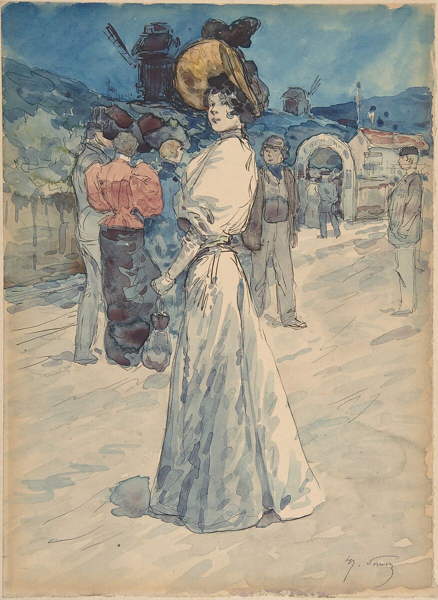 A Parisienne Outside the Moulin de la Galette, Henri Somm (French, Rouen 1844–1907 Paris), Watercolor, graphite, pen and ink 