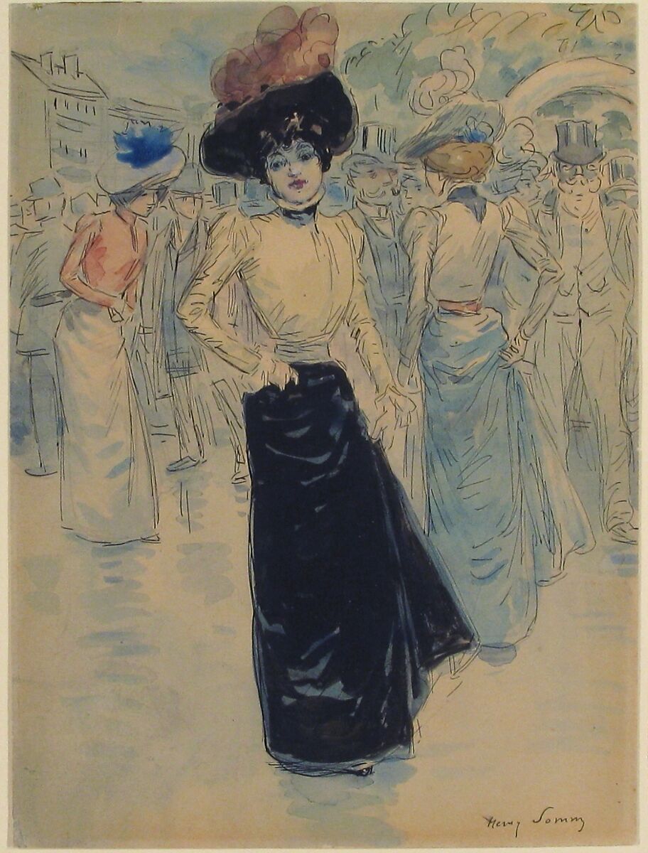 A Parisienne on a Crowded Street, Henri Somm (French, Rouen 1844–1907 Paris), Watercolor, graphite, pen and ink