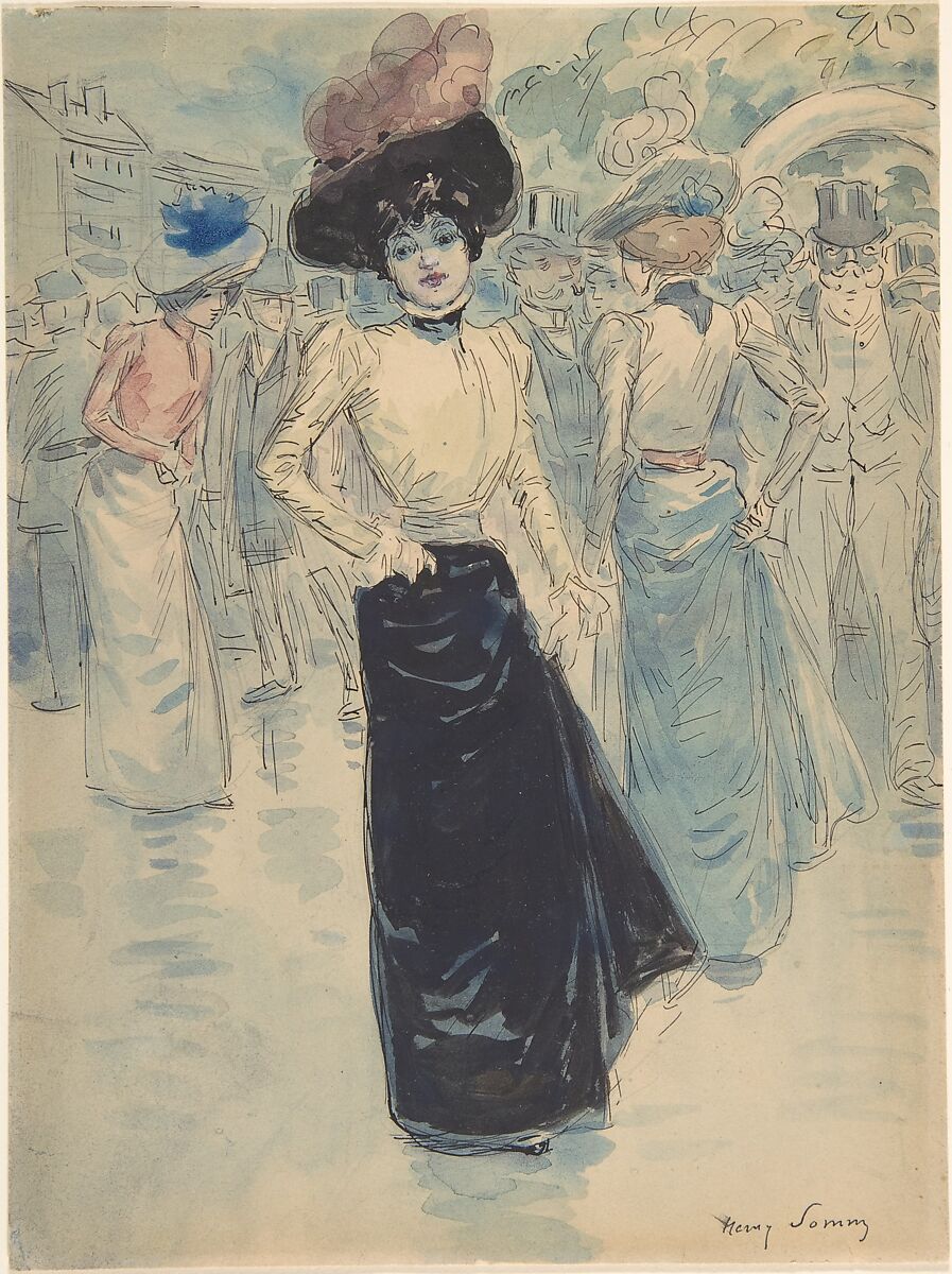 A Parisienne on a Crowded Street, Henri Somm (French, Rouen 1844–1907 Paris), Watercolor, graphite, pen and ink 