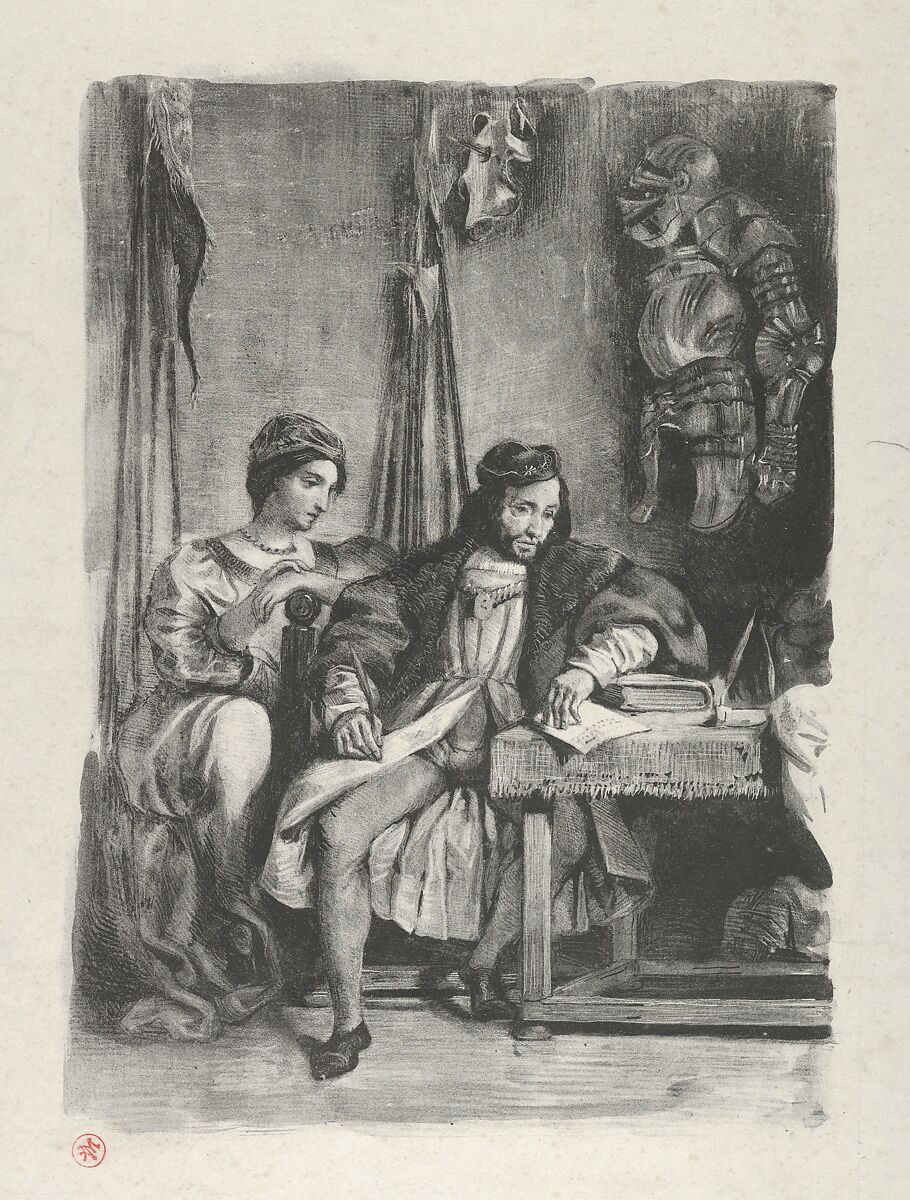 Goetz von Berlichingen Writing his Memoirs, Eugène Delacroix (French, Charenton-Saint-Maurice 1798–1863 Paris), Lithograph on wove paper; second state of four 