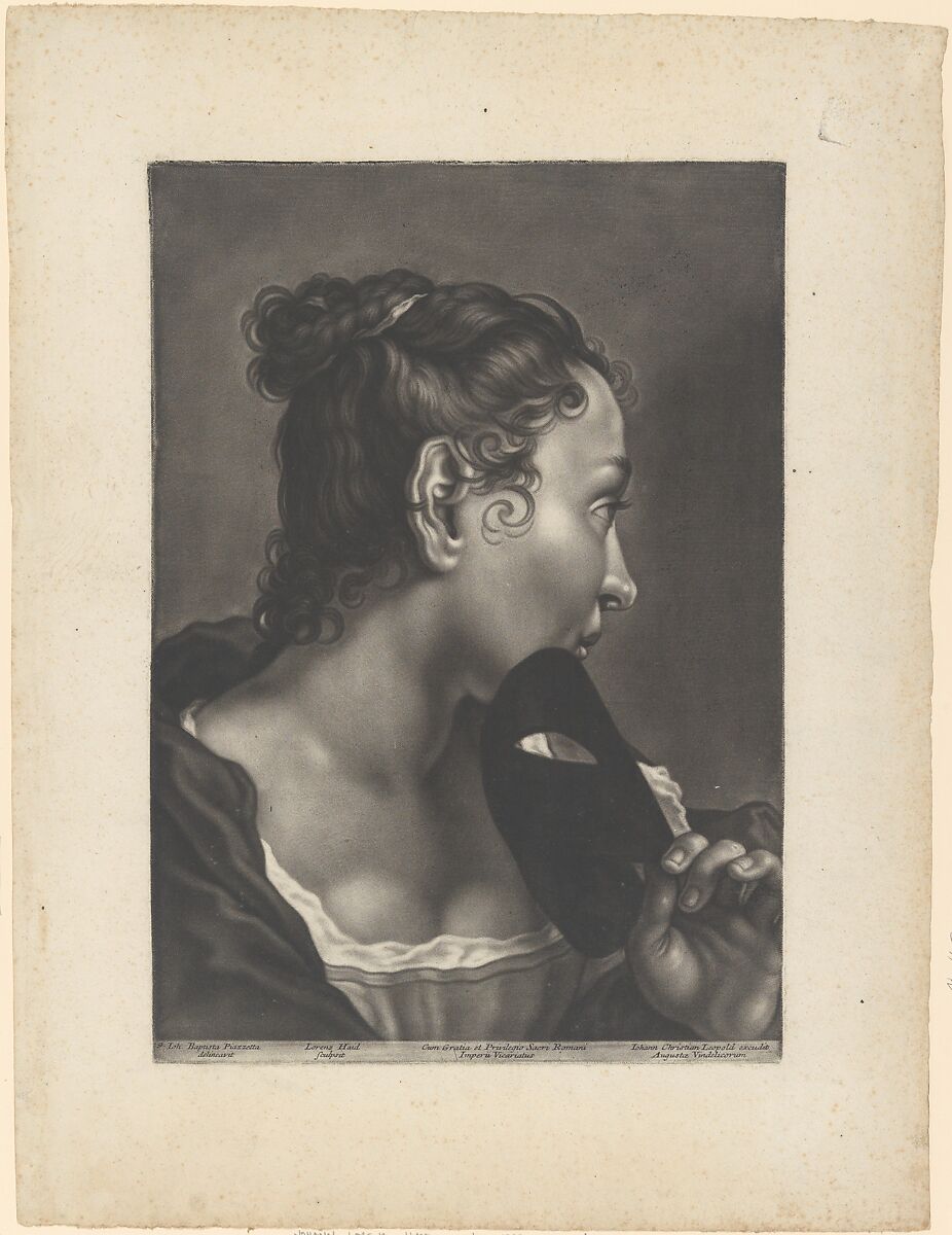 Portrait of a Young Woman Holding a Mask, Johann Lorenz Haid (German, Kleineislingen 1702–1750 Augsburg), Mezzotint 