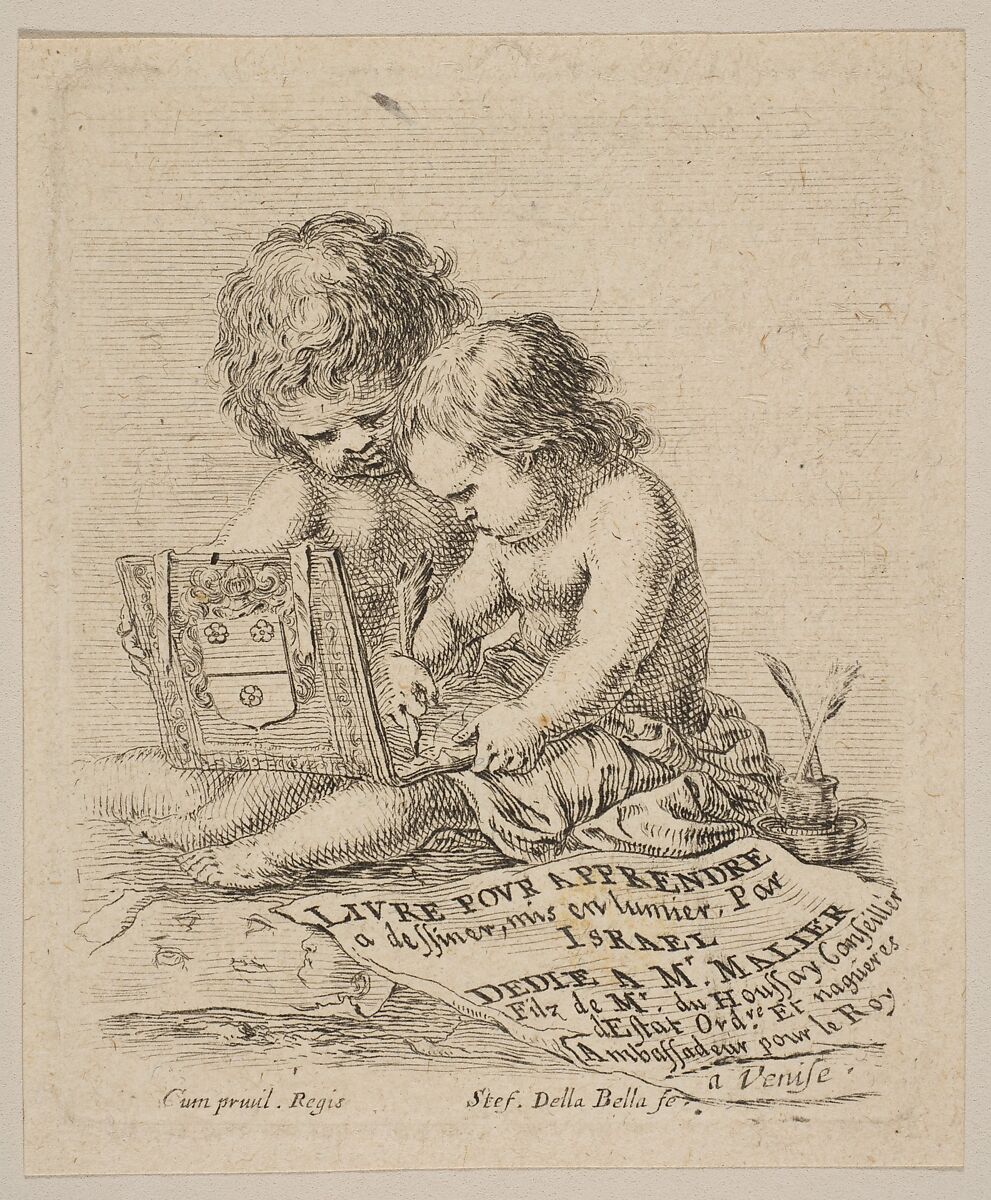 Plate 1: two children sitting on the ground, the child on the right drawing while the child on the left holding the album, the title page from 'The Book for Learning to Draw' (Livre pour apprendre à dessiner), Stefano della Bella (Italian, Florence 1610–1664 Florence), Etching 