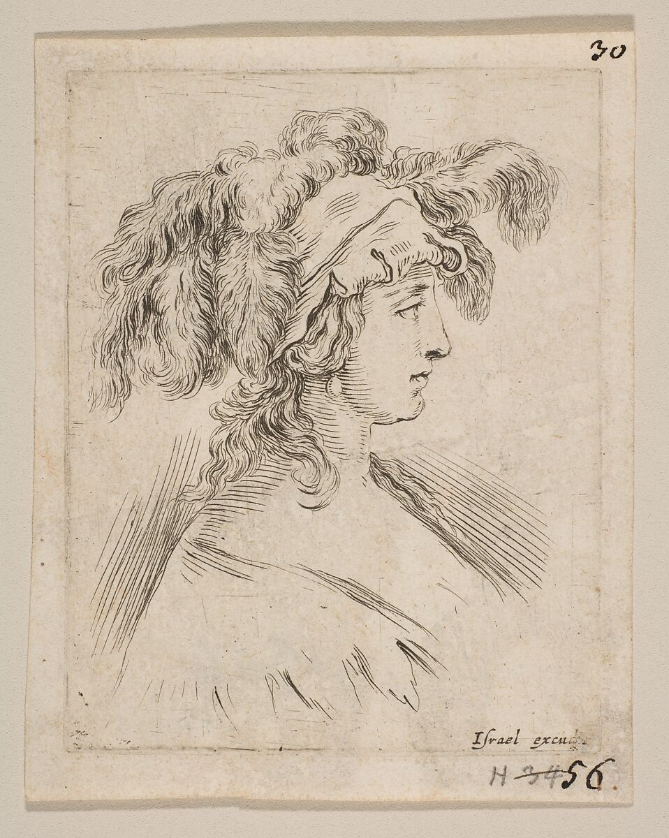 Plate 15: mid-bust of a young woman in profile wearing a hat topped with feathers, from 'The Book for Learning to Draw' (Livre pour apprendre à dessiner), Stefano della Bella (Italian, Florence 1610–1664 Florence), Etching 