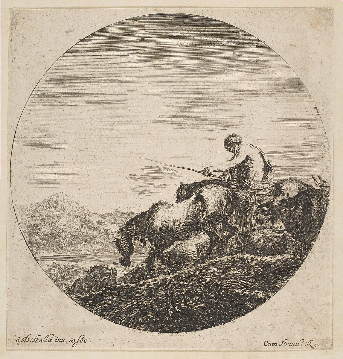 Herdsman on horseback drives animals, from 'Six animal subjects' (Six sujets d'animaux), Stefano della Bella (Italian, Florence 1610–1664 Florence), Etching 