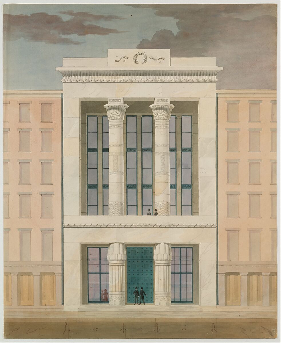 American Institute, New York City (front elevation), Alexander Jackson Davis (American, New York 1803–1892 West Orange, New Jersey), Watercolor, ink and graphite 