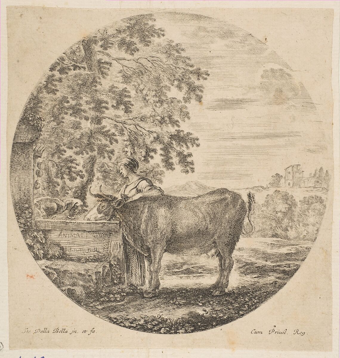 A peasant woman with a cow at a fountain decorated with the Medici arms, from "Six animal subjects" (Six sujets d'animaux), Stefano della Bella (Italian, Florence 1610–1664 Florence), Etching 