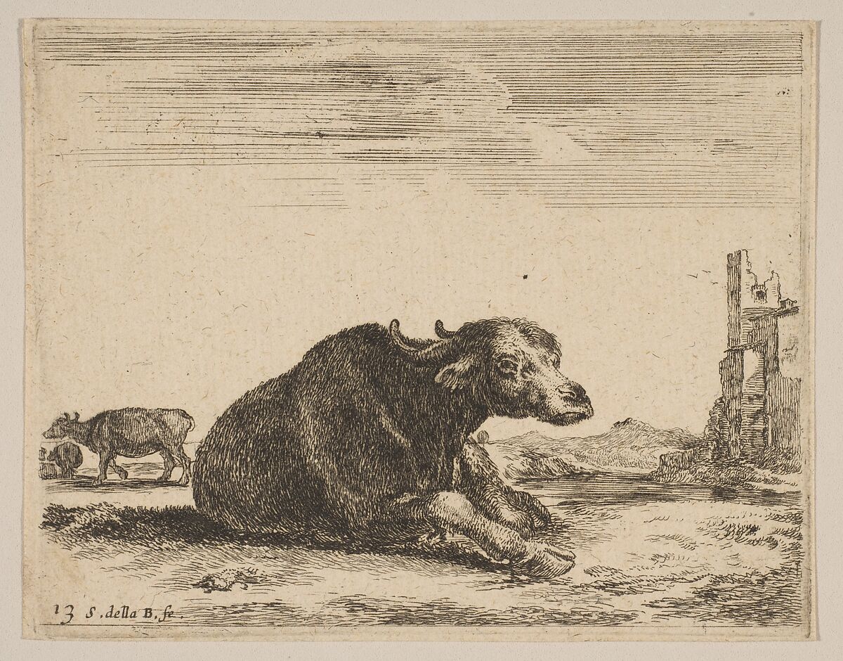 Plate 13: Buffalo lying down, from "Various animals" (Diversi animali), Stefano della Bella (Italian, Florence 1610–1664 Florence), Etching; third state of three (De Vesme) 