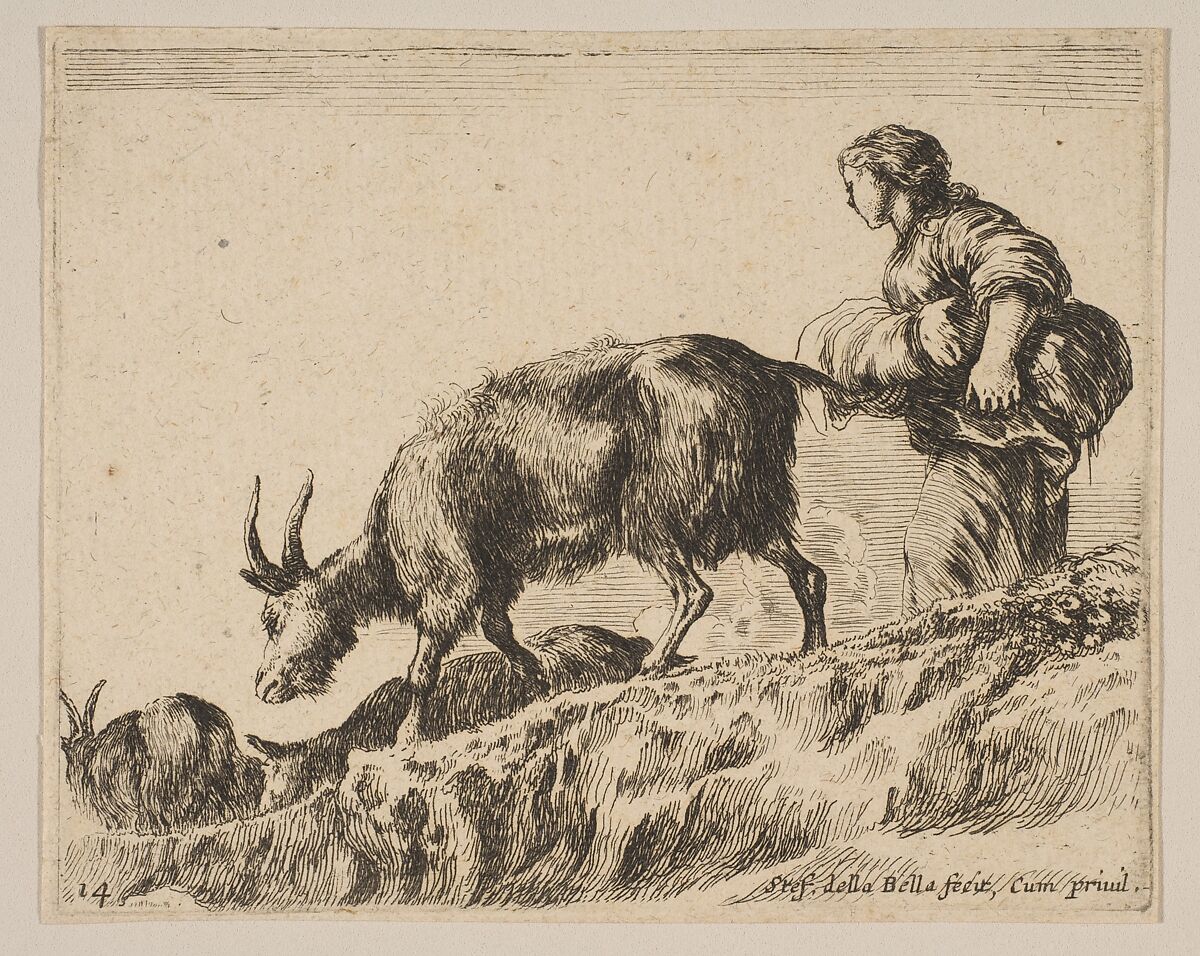 Plate 14: Shepherdess herding goats, from "Various animals" (Diversi animali), Stefano della Bella (Italian, Florence 1610–1664 Florence), Etching; third state of three (De Vesme) 