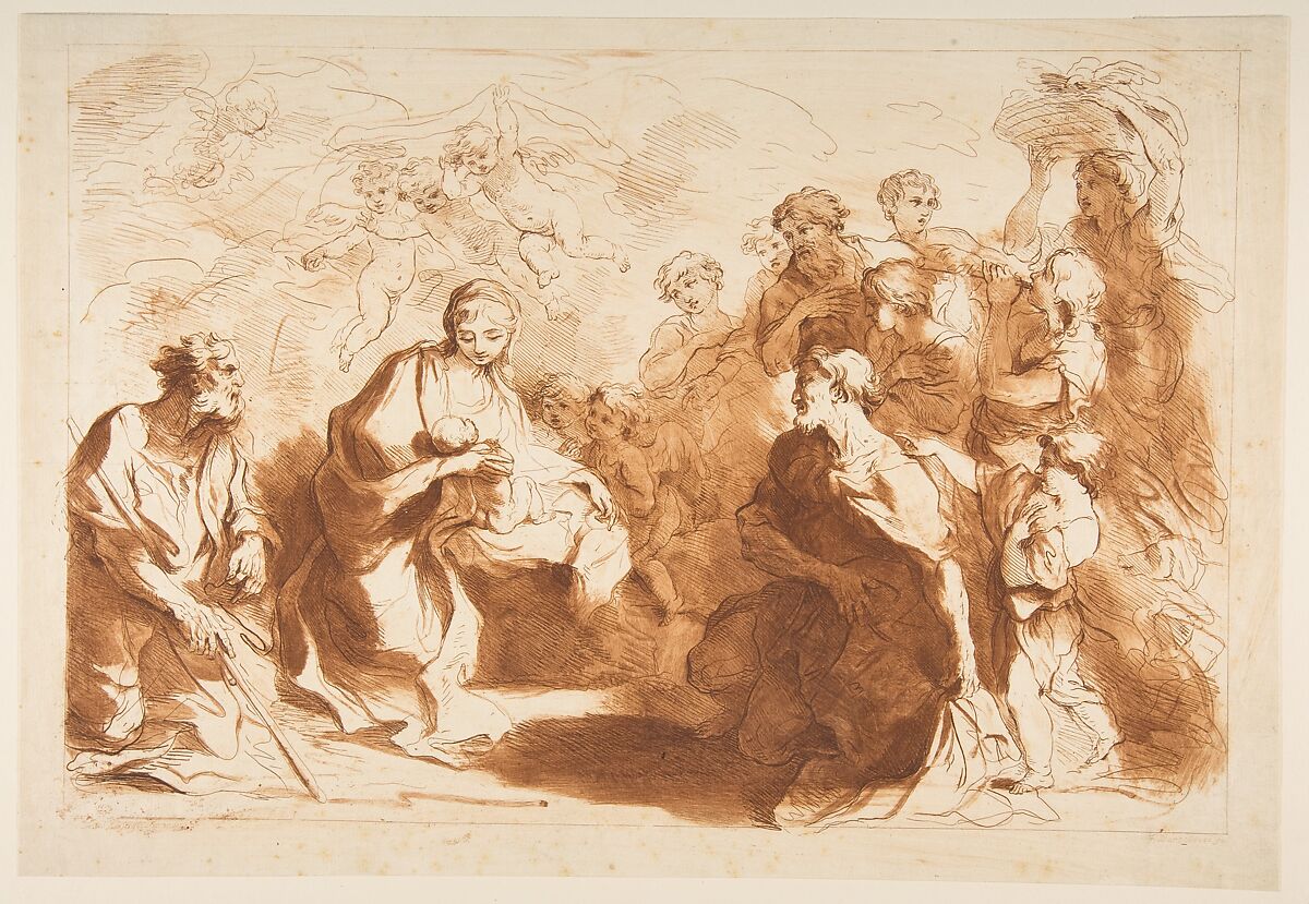 The Adoration of  the Shepherds, Francesco Bartolozzi (Italian, Florence 1728–1815 Lisbon), Etching and aquatint, printed in brown ink; only state 