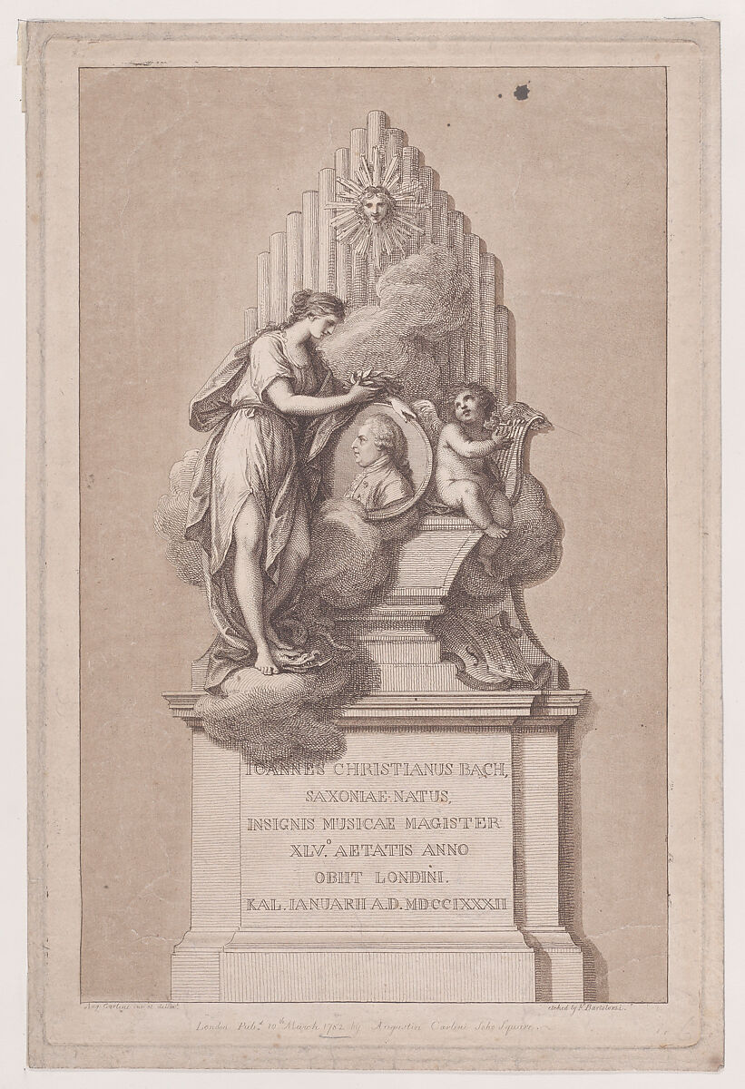 Monument to Johann Christian Bach, Francesco Bartolozzi (Italian, Florence 1728–1815 Lisbon), Etching and engraving; fourth state of four 