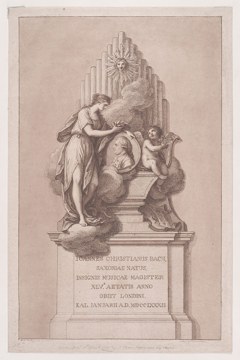 Monument to Johann Christian Bach, Francesco Bartolozzi (Italian, Florence 1728–1815 Lisbon), Etching and engraving; fourth state of four 