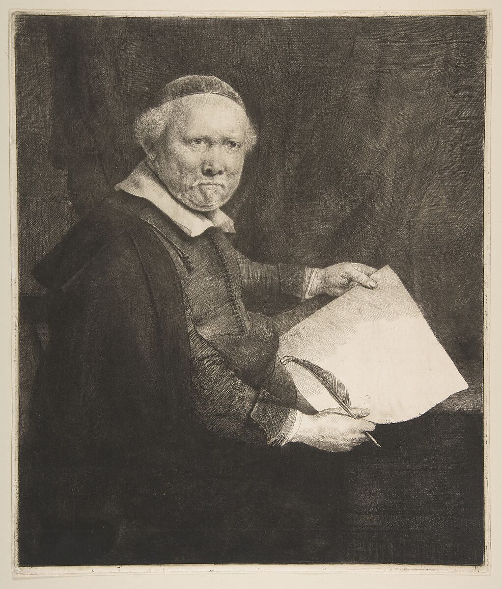 Portrait of Lieven Willemsz van Coppenol, Writing Master (the larger plate), Rembrandt (Rembrandt van Rijn) (Dutch, Leiden 1606–1669 Amsterdam), Etching and drypoint; fourth state 