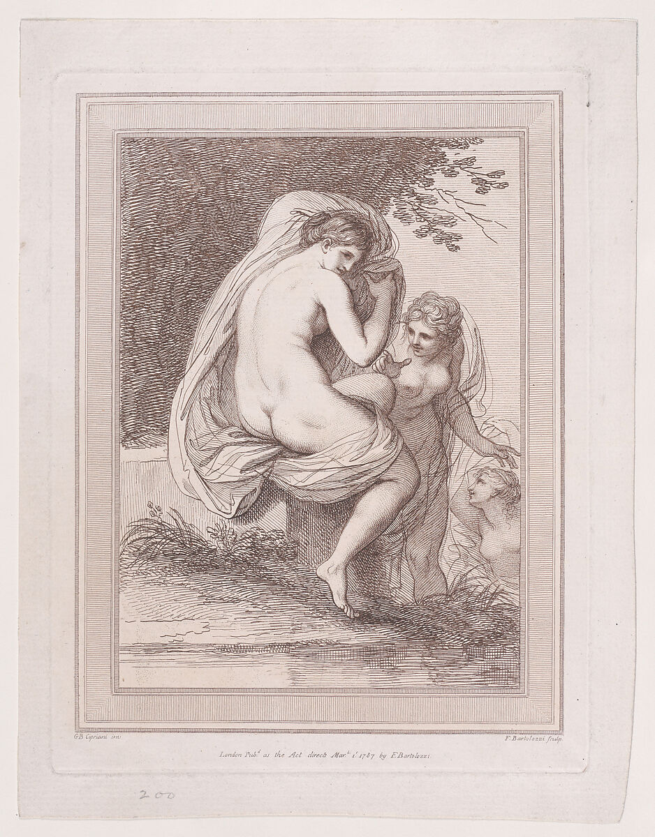 Three Nymphs Bathing, Francesco Bartolozzi (Italian, Florence 1728–1815 Lisbon), Etching and engraving, printed in brown ink; second state of two 