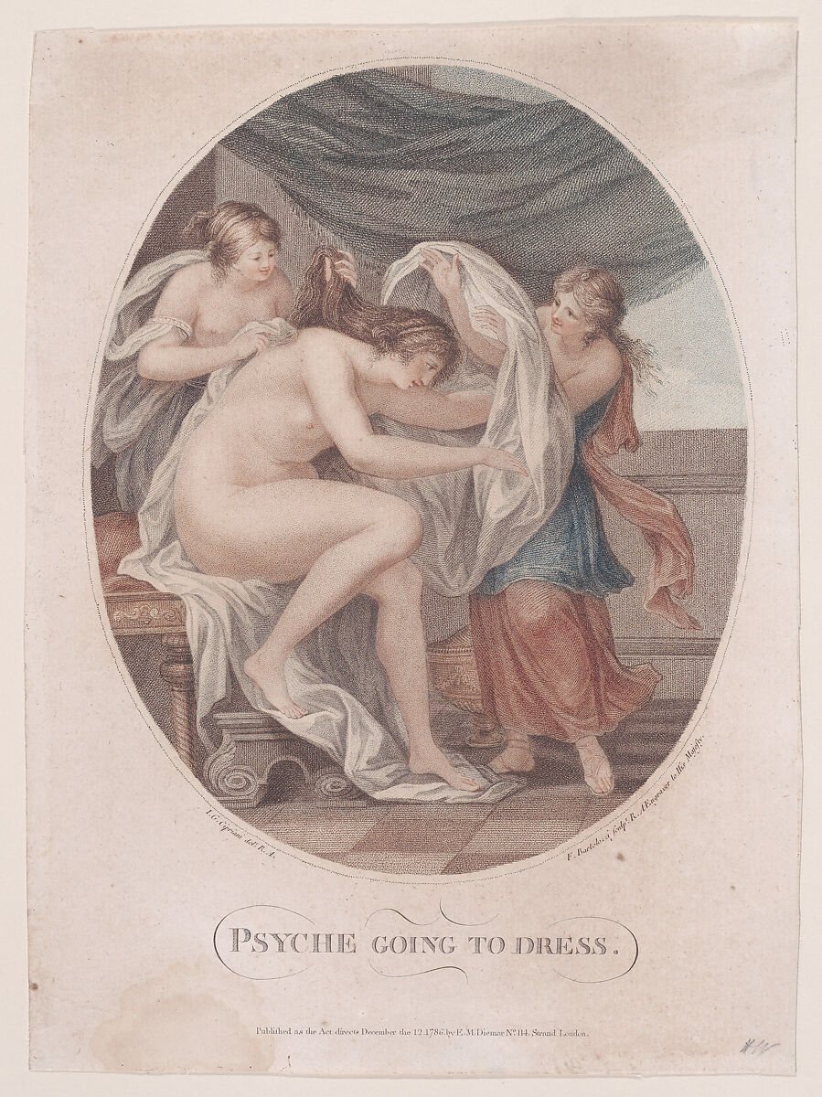 Psyche Going to Dress, Francesco Bartolozzi (Italian, Florence 1728–1815 Lisbon), Etching and stipple engraving, printed in color; third state 