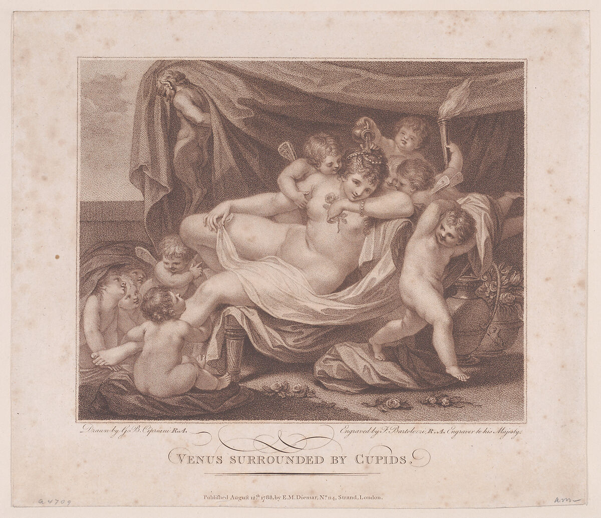 Venus Surrounded by Cupids, Francesco Bartolozzi (Italian, Florence 1728–1815 Lisbon), Etching and stipple engraving, printed in color; third state of three 