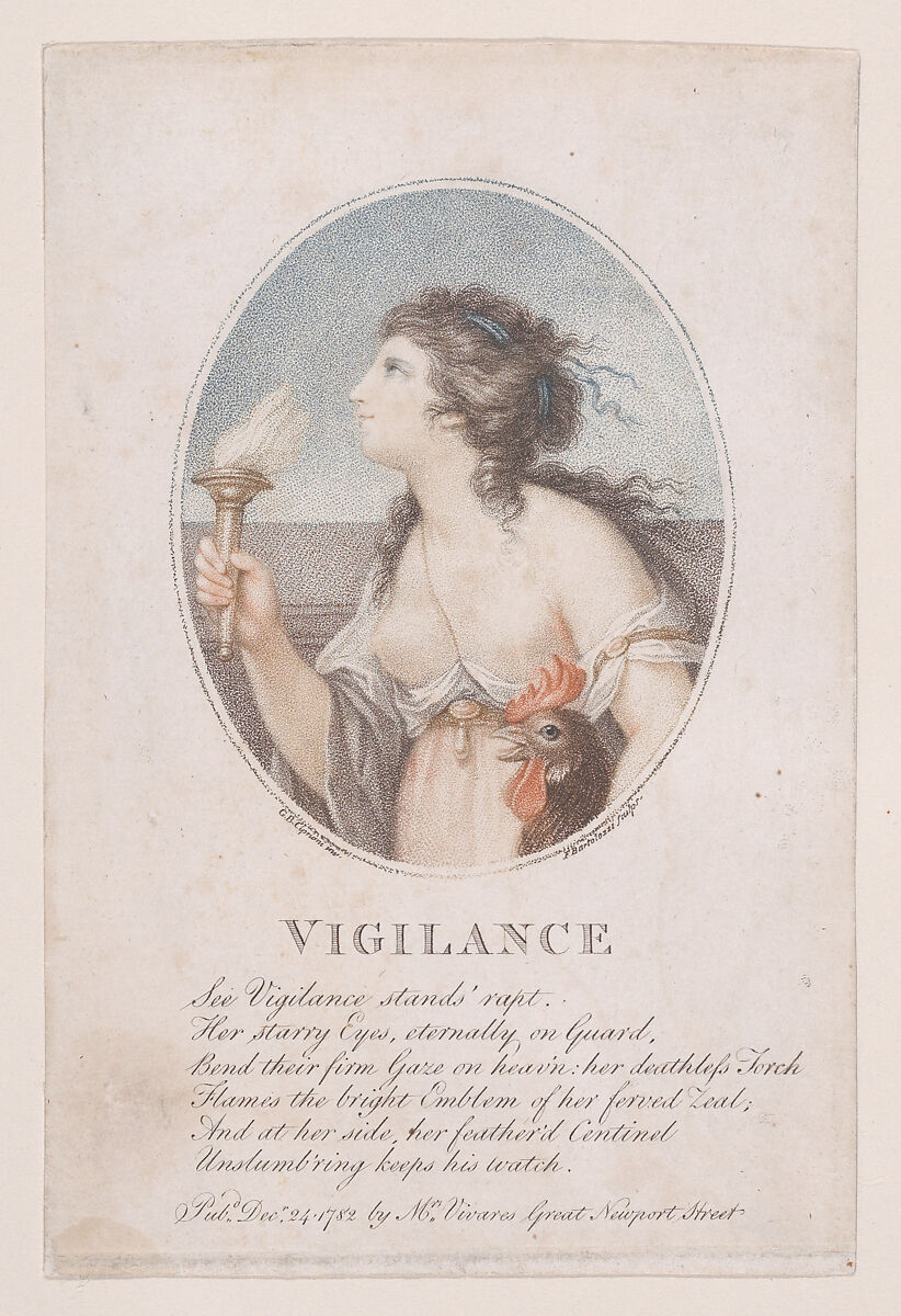 Vigilance, Francesco Bartolozzi (Italian, Florence 1728–1815 Lisbon), Etching and stipple engraving, printed in color; second state 