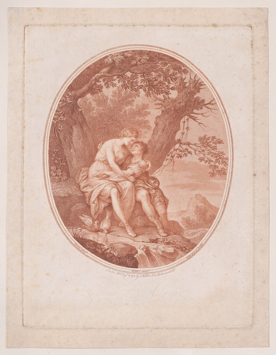 Venus and Adonis, Francesco Bartolozzi (Italian, Florence 1728–1815 Lisbon), Etching and stipple engraving, printed in reddish brown ink 