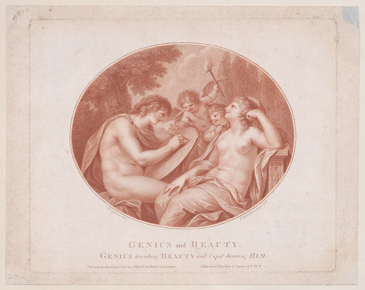 Genius and Beauty, Francesco Bartolozzi (Italian, Florence 1728–1815 Lisbon), Etching and stipple engraving, printed in brown ink; fourth state 