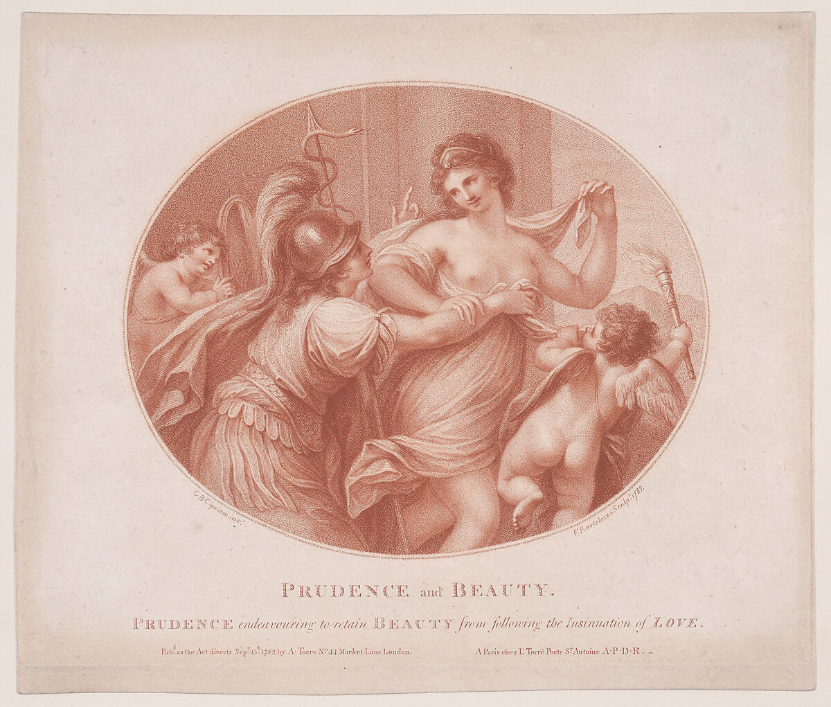 Prudence, Love and Beauty, Francesco Bartolozzi (Italian, Florence 1728–1815 Lisbon), Etching and stipple engraving, printed in brown ink; fifth state 