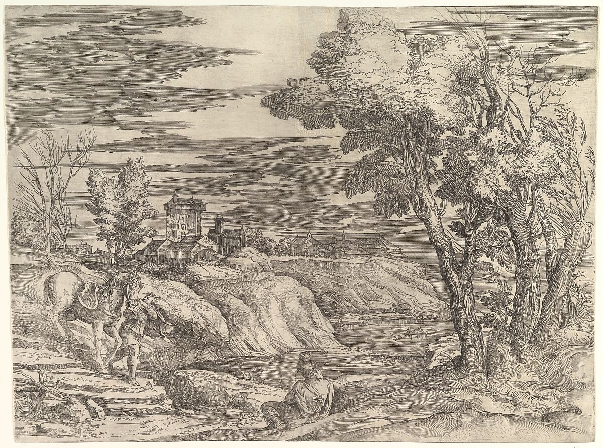 Landscape with a Horseman and His Groom, Battista Franco (Italian, Venice ca. 1510–1561 Venice), Etching; first state of two 