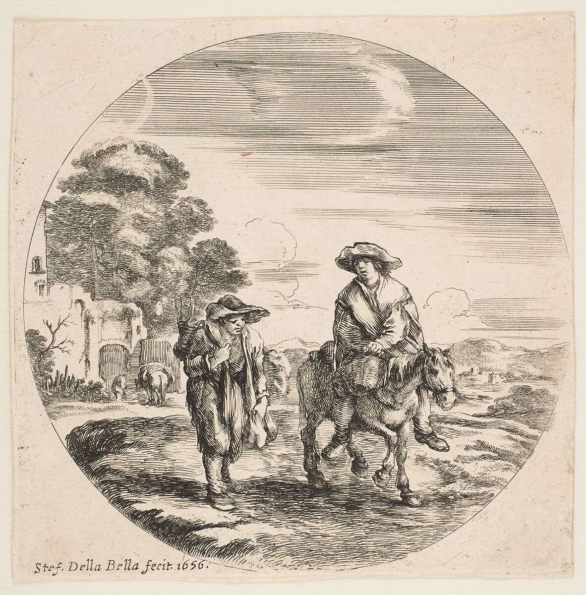 Landscape with Two Peasants, One Riding a Horse, from "Landscapes and seaports" (Paysages et ports de mer, dans des ronds), Stefano della Bella (Italian, Florence 1610–1664 Florence), Etching; second state of two 
