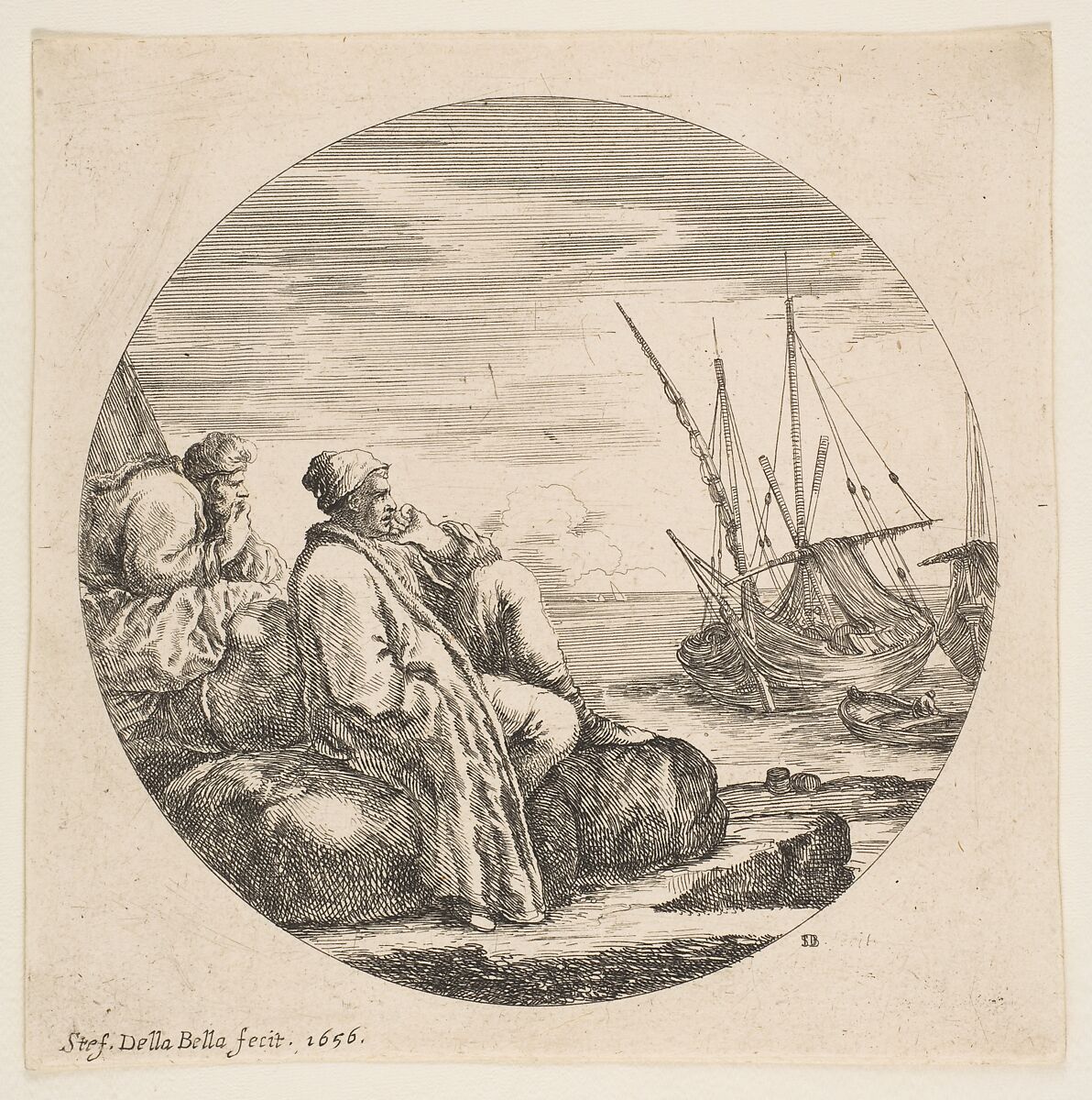 Two Turkish Merchants in a Port, from "Landscapes and seaports" (Paysages et ports de mer, dans des ronds), Stefano della Bella (Italian, Florence 1610–1664 Florence), Etching; second state of two 