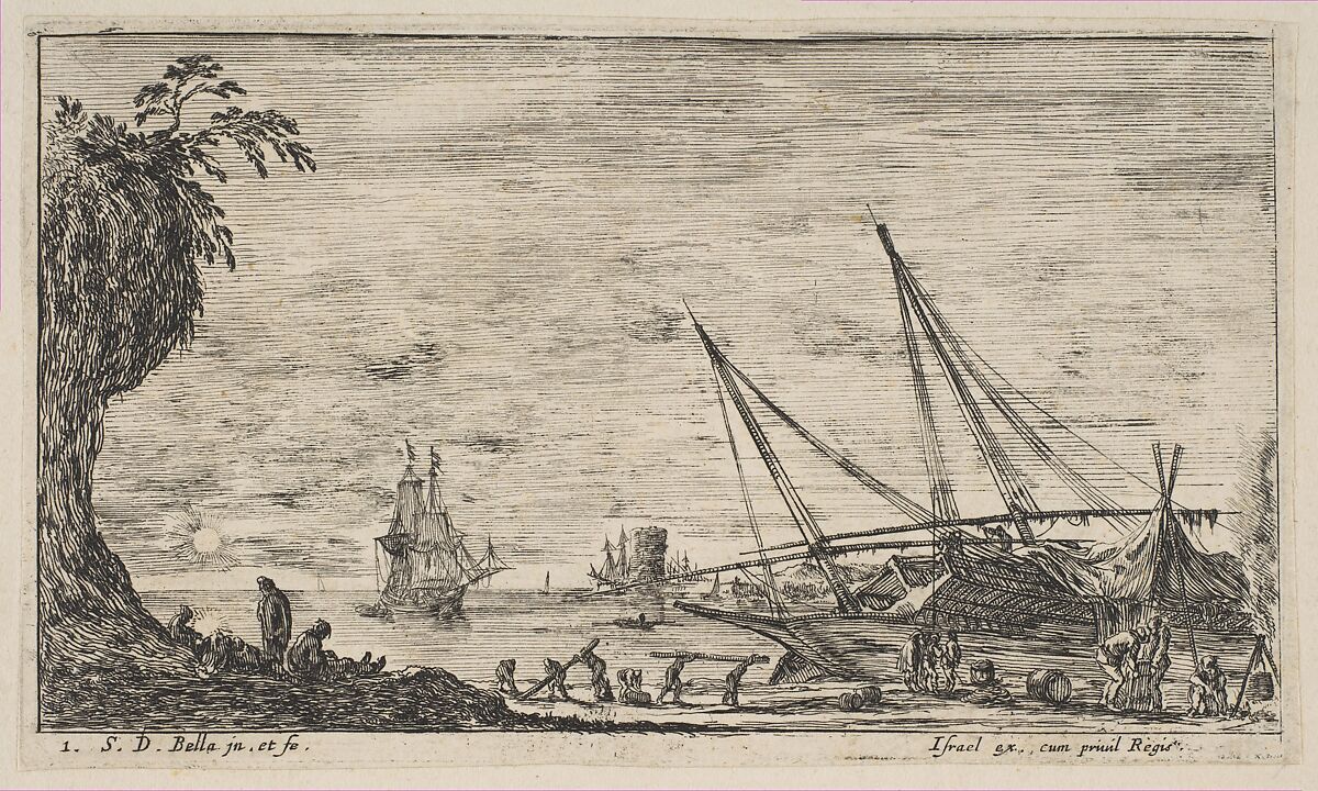 Plate 1: seaport with ships, from "Seascapes" (Paysages maritimes), Stefano della Bella (Italian, Florence 1610–1664 Florence), Etching 