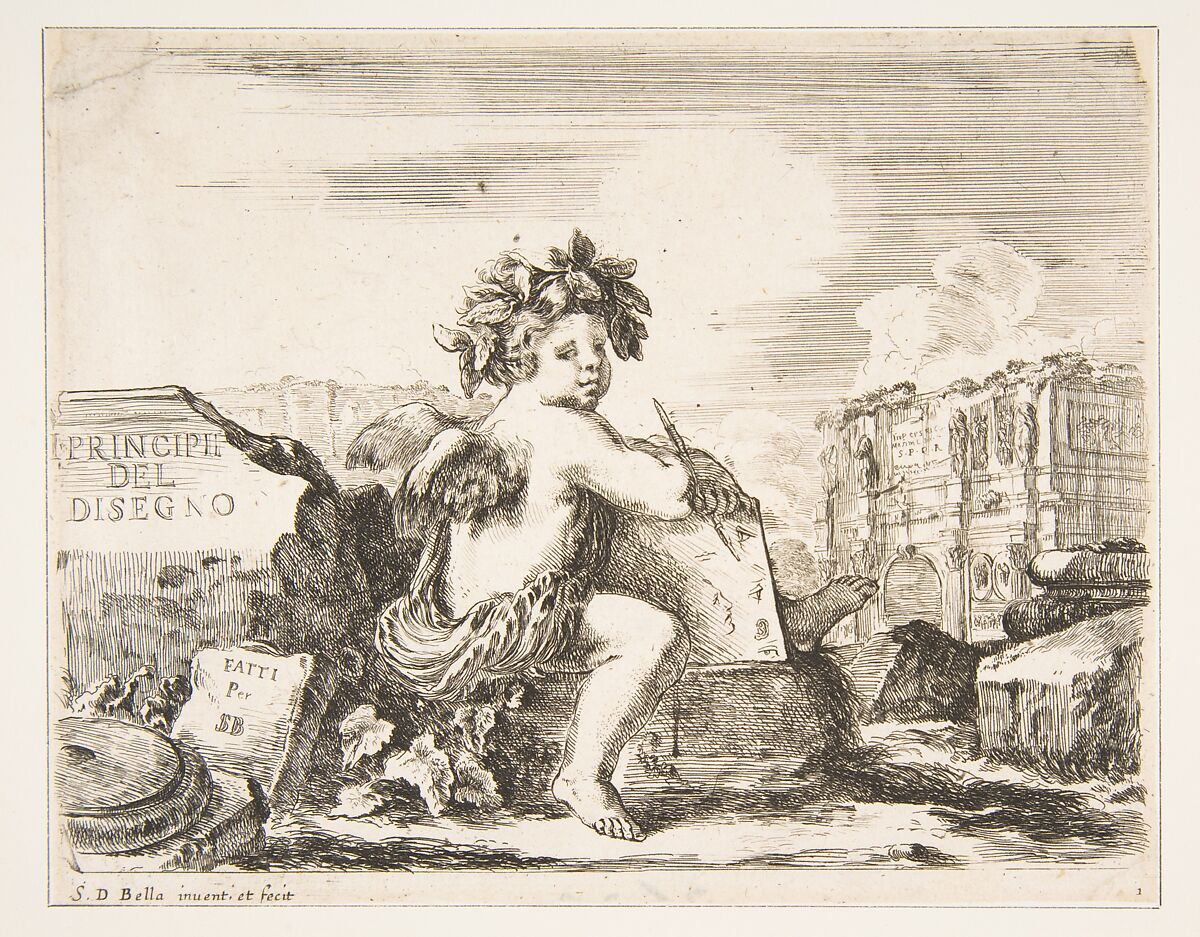 Plate 1: the genius of drawing, a child with wings, seated on a rock in center turned towards the right, holding a drawing pad and pen, ruins including a triumphal arch to right in the background, the title page from 'The Principles of Design' (I principii del disegno), Stefano della Bella (Italian, Florence 1610–1664 Florence), Etching; second state of two 