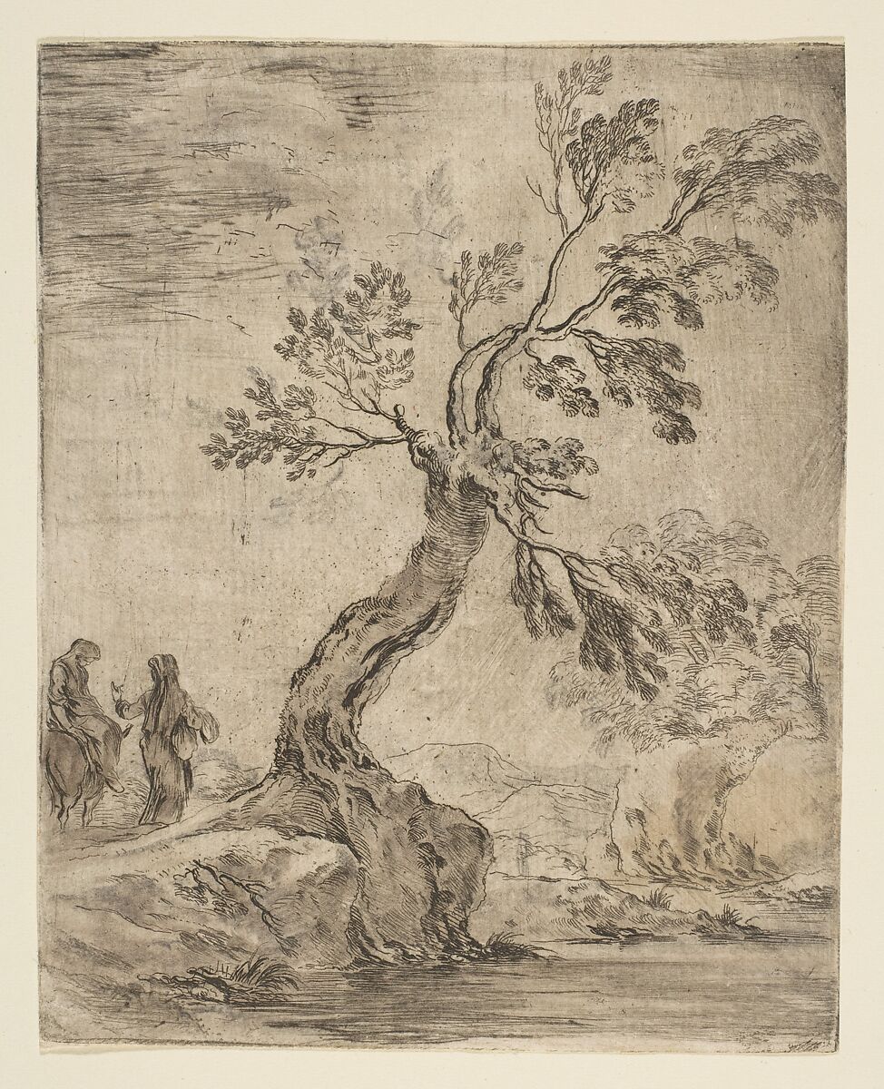 Landscape with two women, one mounted on a donkey, Stefano della Bella (Italian, Florence 1610–1664 Florence), Etching; touched proof with handwork in light gray wash 