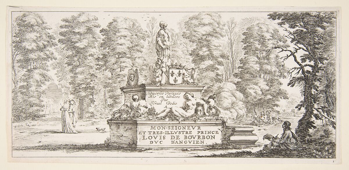 Plate 1: a monument with statues and a coat of arms in the center, a draughstman on the ground beneath a tree to right, two groups of lovers to left in the background, from 'Various landscapes' (Divers paysages), Stefano della Bella (Italian, Florence 1610–1664 Florence), Etching; second state of two 