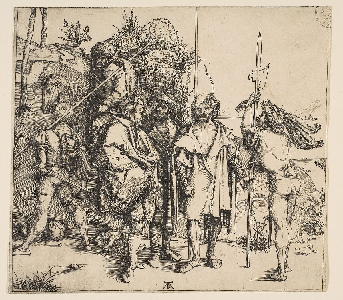 Five Foot Soldiers and a Mounted Turk, Albrecht Dürer  German, Engraving