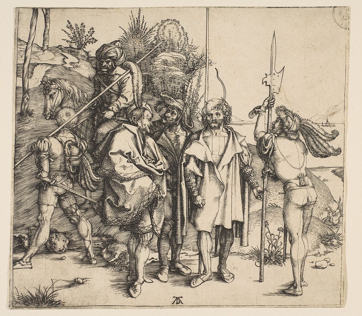 Five Foot Soldiers and a Mounted Turk, Albrecht Dürer (German, Nuremberg 1471–1528 Nuremberg), Engraving 