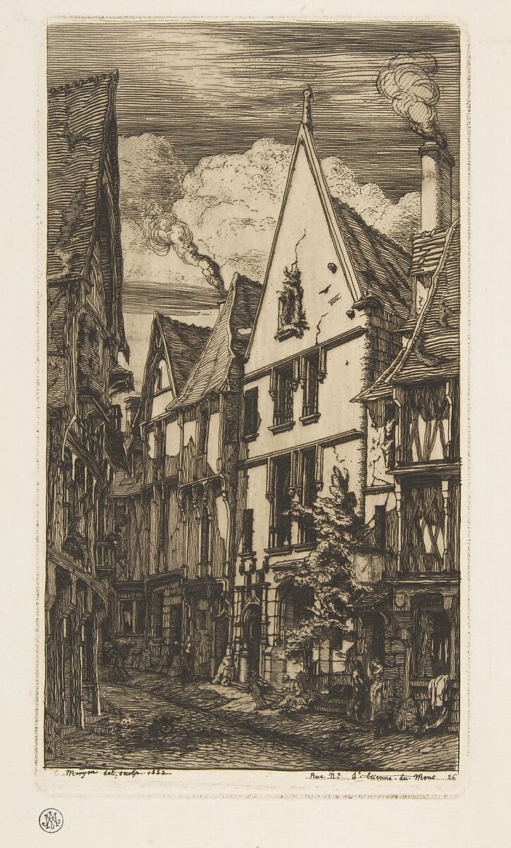 La Rue des Toiles, Bourges, Charles Meryon (French, 1821–1868), Etching with drypoint 
