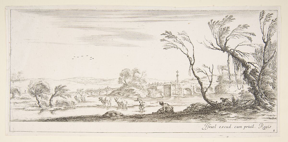 Plate 2: a peasant woman removing her shoes in center, another peasant woman and two cows in a stream to left, a bridge to right in the background, from 'Various landscapes' (Divers paysages), Stefano della Bella (Italian, Florence 1610–1664 Florence), Etching; second state of two 