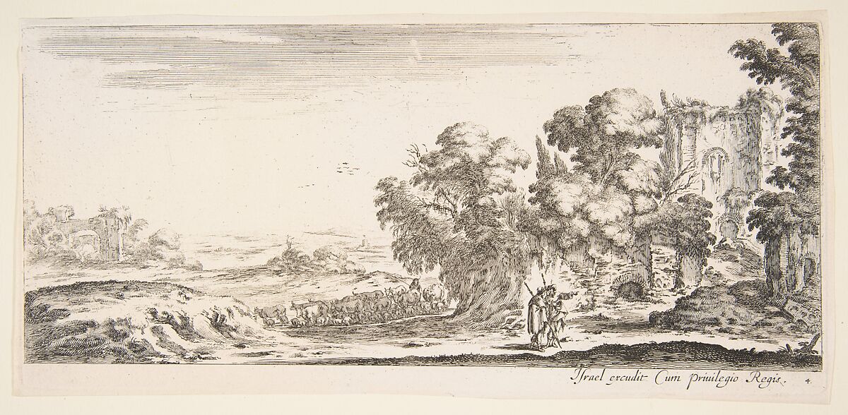 Plate 4: two pilgrims observing ruins to right, one pointing towards the right, a shepherd and a herd of cattle in center background, from 'Various landscapes' (Divers paysages), Stefano della Bella (Italian, Florence 1610–1664 Florence), Etching; second state of two 