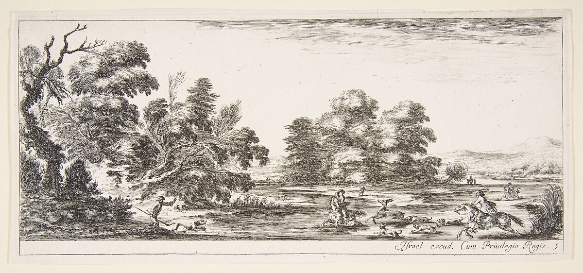 Plate 5: two horsemen in a stream to right, riding towards the left, following four dogs chasing a stag, another dog running into the water from the left, from 'Various landscapes' (Divers paysages), Stefano della Bella (Italian, Florence 1610–1664 Florence), Etching; second state of two 