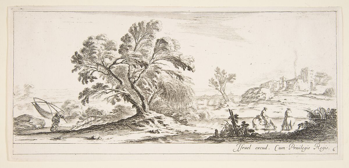 Plate 6: a fisherman carrying a net to left, two horsemen in a stream to right, a tree in center, a castle in ruins to right in the background, from 'Various landscapes' (Divers paysages), Stefano della Bella (Italian, Florence 1610–1664 Florence), Etching; second state of two 