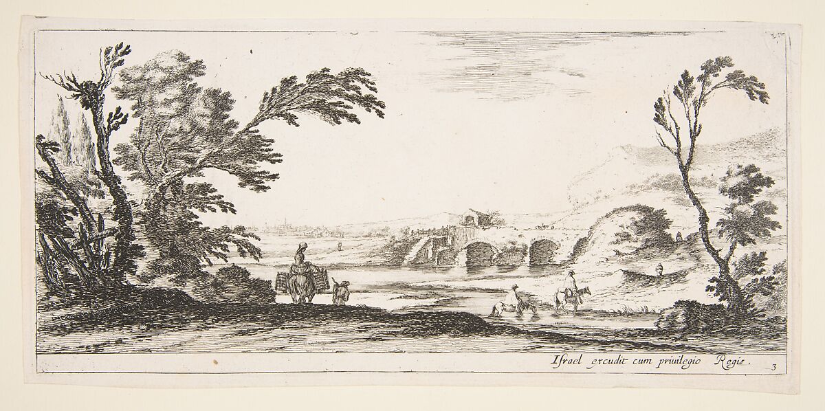 Plate 3: two horsemen crossing a river to right, a woman with two baskets atop a donkey to left, trees to the left and right, a bridge in the background, from 'Various landscapes' (Divers paysages), Stefano della Bella (Italian, Florence 1610–1664 Florence), Etching; second state of two 