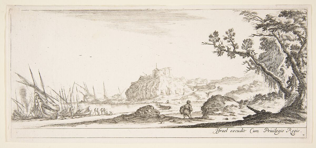Plate 7: various boats on shore to left, a man carrying a bag, seen from behind and walking towards the background, a fortress in center background, a tree to the right, from 'Various landscapes' (Divers paysages), Stefano della Bella (Italian, Florence 1610–1664 Florence), Etching; second state of two 