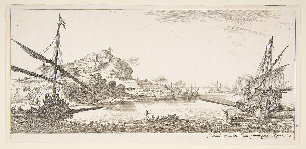 Plate 8: A the bow of a galley at left and another galley at right, seen from behind, two rowboats in center, a hill with a fortress in the background, from 'Various landscapes' (Divers paysages), Stefano della Bella (Italian, Florence 1610–1664 Florence), Etching; second state of two 