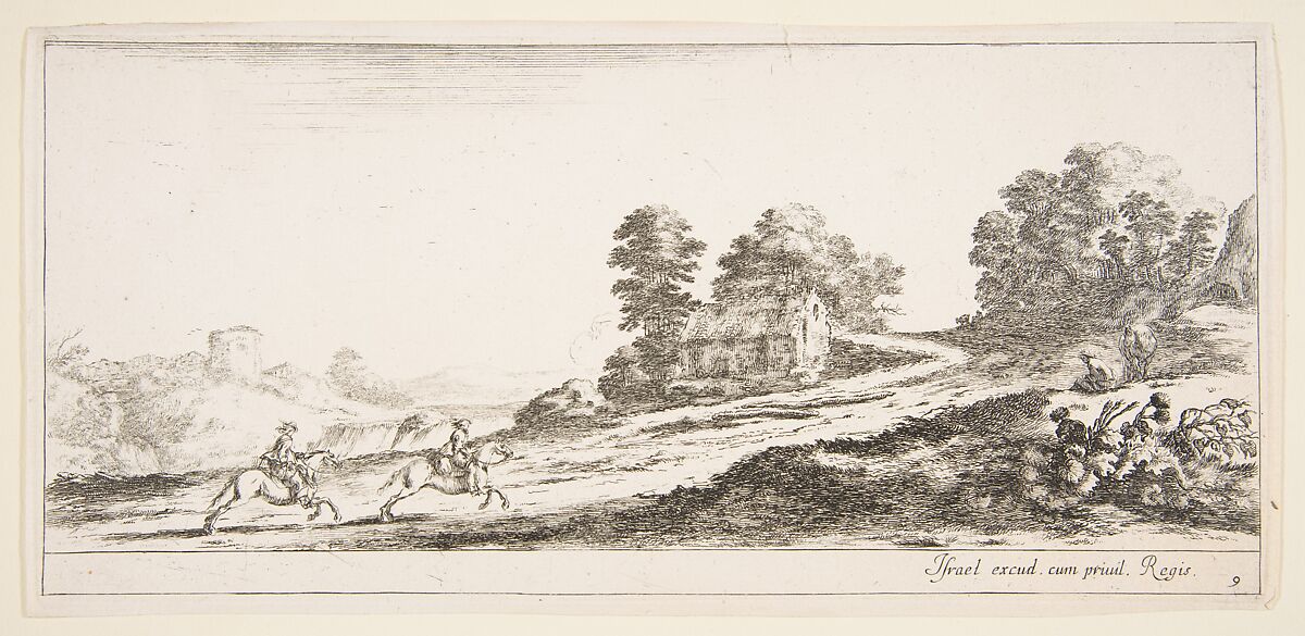 Plate 9: two horsemen at left galloping uphill towards the right, a horse and seated man to right, from 'Various landscapes' (Divers paysages), Stefano della Bella (Italian, Florence 1610–1664 Florence), Etching; second state of two 