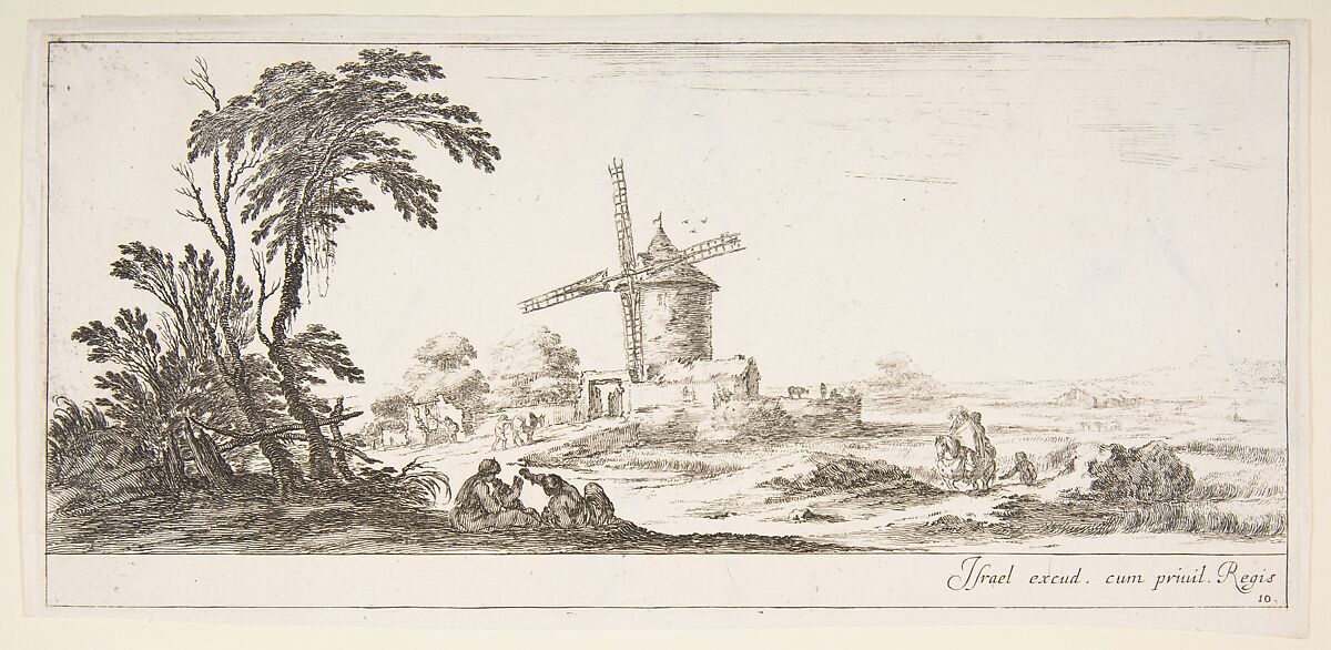 Plate 10: a family in center foreground, various figures and horses in middleground, a windmill in center background, from 'Various landscapes' (Divers paysages), Stefano della Bella (Italian, Florence 1610–1664 Florence), Etching; second state of two 