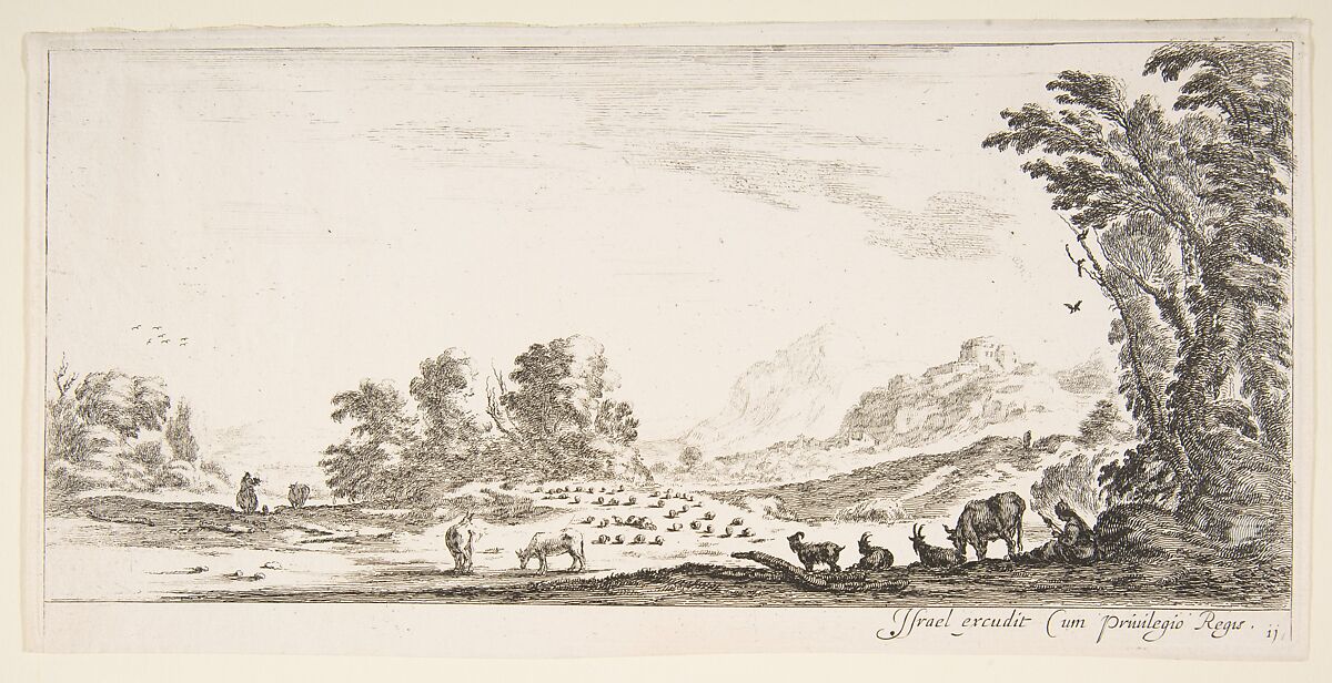 Plate 11: shepherdess seated to the right under a tree, watching her flock to the left, mountains to right in the background, from 'Various landscapes' (Divers paysages), Stefano della Bella (Italian, Florence 1610–1664 Florence), Etching; second state of two 