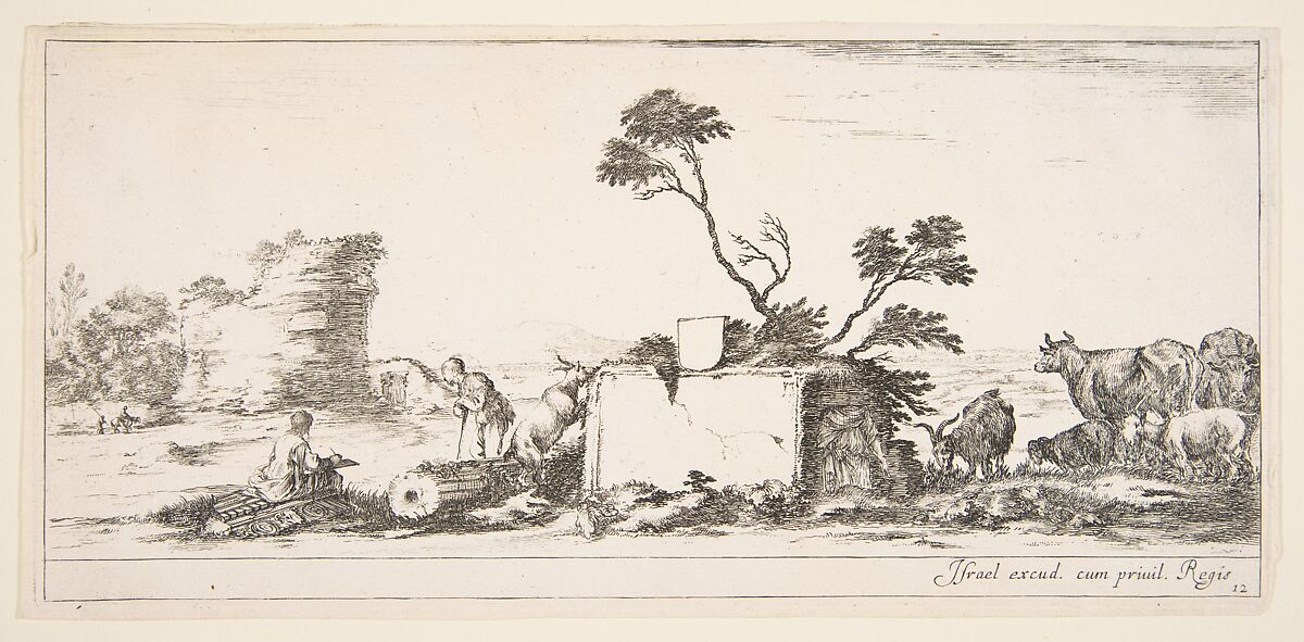 Plate 12: a seated draughtsman to left, a standing shepherd next to him to right, ruins and animals to the right, a tower in ruins to left in the background, from 'Various landscapes' (Divers paysages), Stefano della Bella (Italian, Florence 1610–1664 Florence), Etching; second state of two 