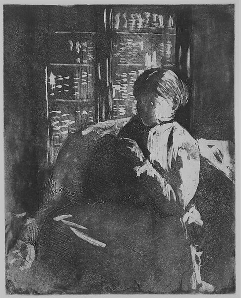 Knitting in the Library, Mary Cassatt (American, Pittsburgh, Pennsylvania 1844–1926 Le Mesnil-Théribus, Oise), Soft-ground etching and aquatint; second state of three