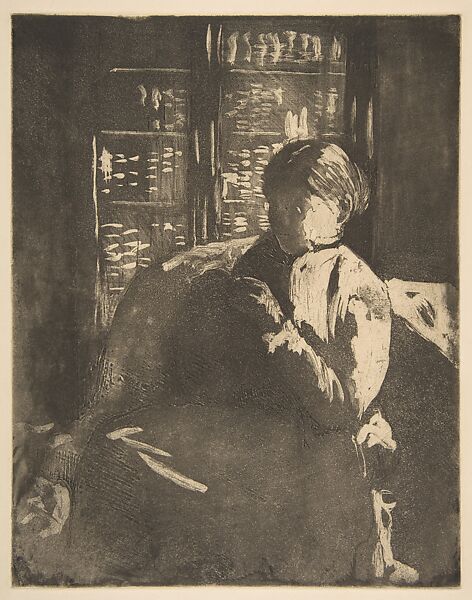 Knitting in the Library, Mary Cassatt (American, Pittsburgh, Pennsylvania 1844–1926 Le Mesnil-Théribus, Oise), Soft-ground etching and aquatint; second state of three 